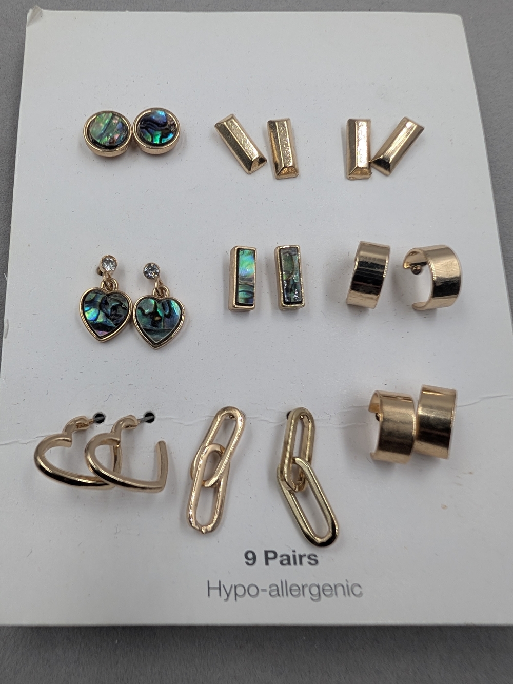 9 Pair Gold Tone Abalone Look Mixed Earrings Hypoallergenic NWT | 1117